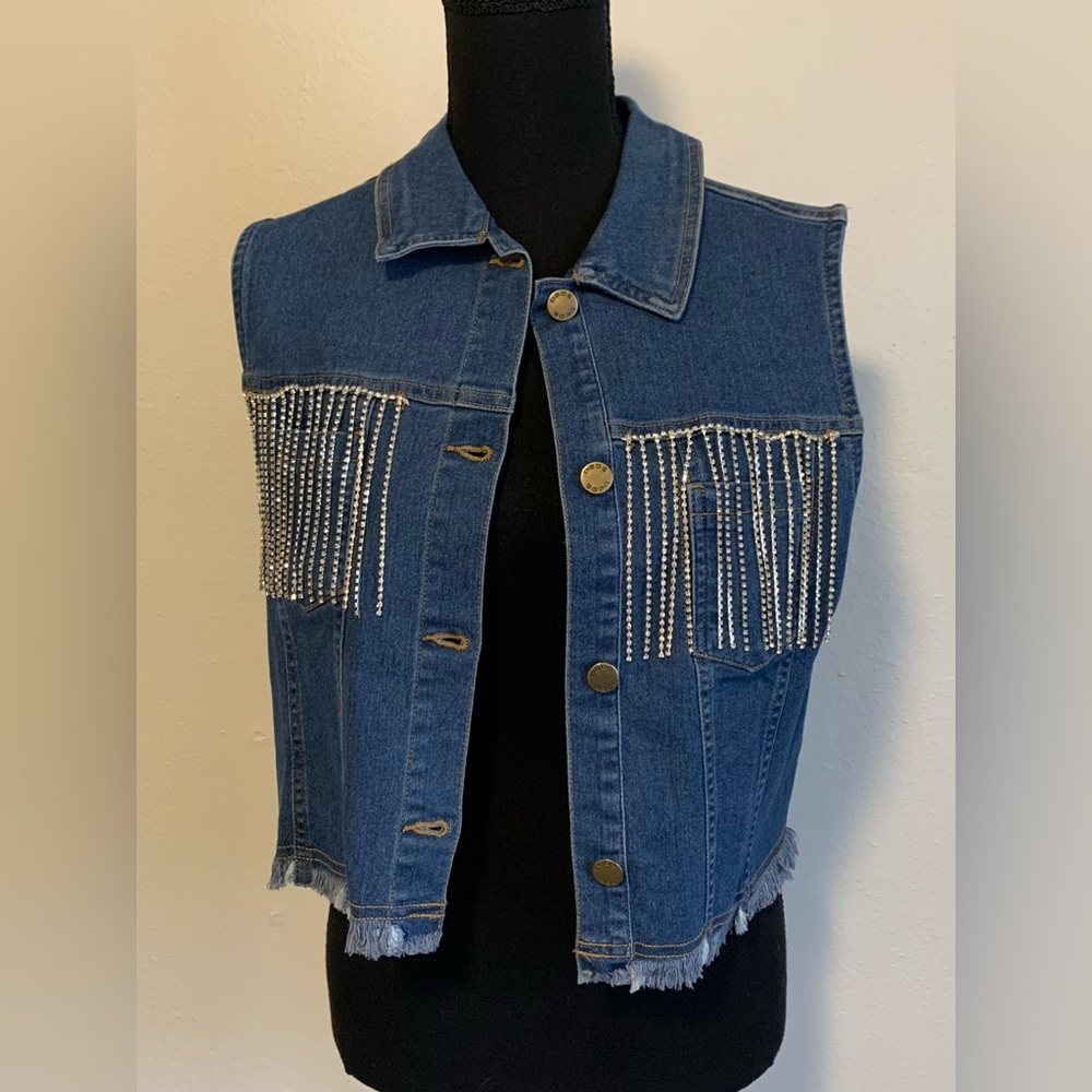 Bebe Rhinestone Cropped Trucker Vest